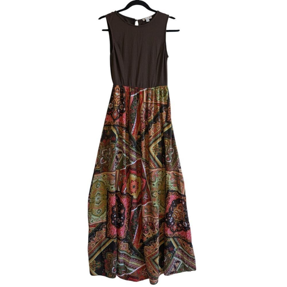 New York & Company Sleeveless Maxi Dress '60s Patchwork Pattern Hippie Brown